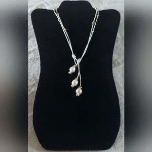 Handmade White & Gold Pearl & Metallic White Leather 3-Way Necklace
